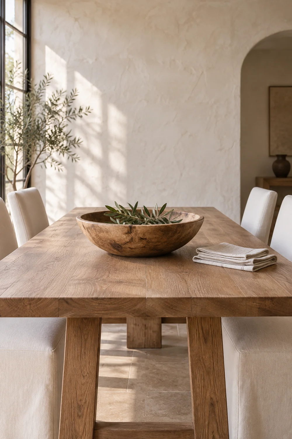 Useful handmade serving bowl on clear oak table.