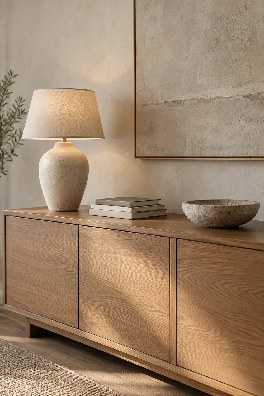 Ceramic lamp books and stone bowl on oak sideboard.