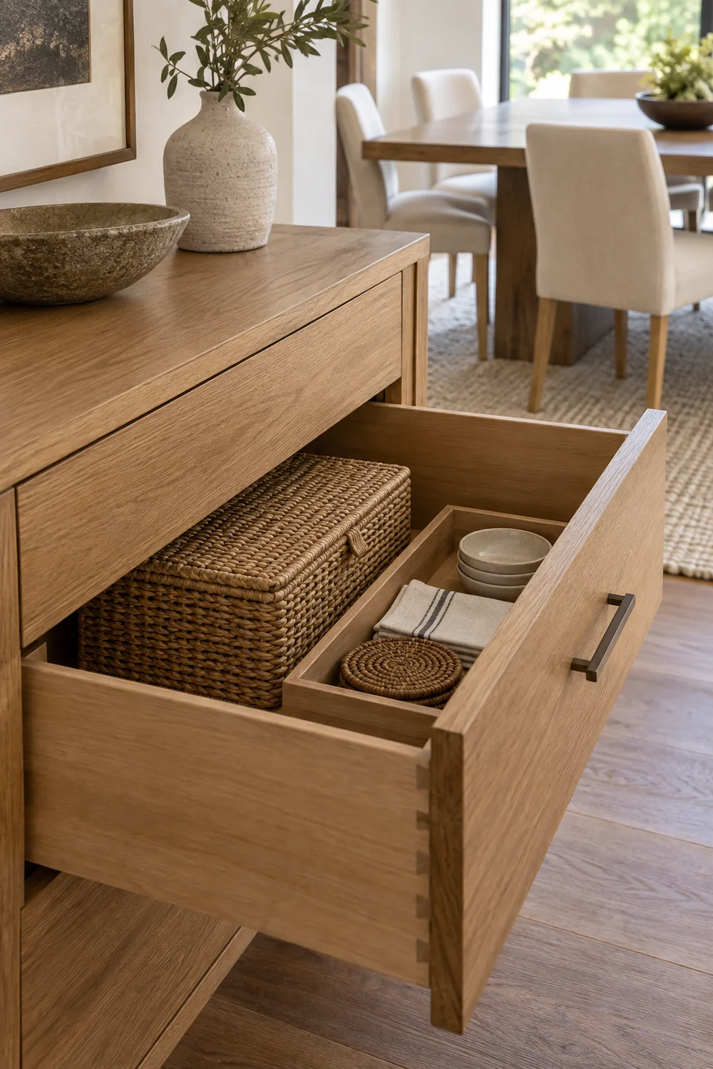 Open oak sideboard drawer with basket and tray.