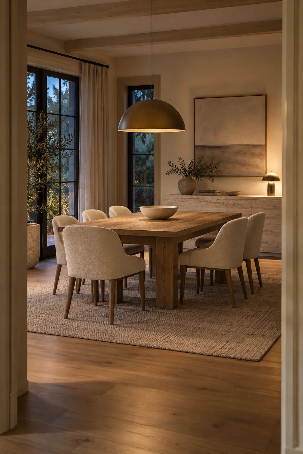 Welcoming organic modern dining room in evening light.