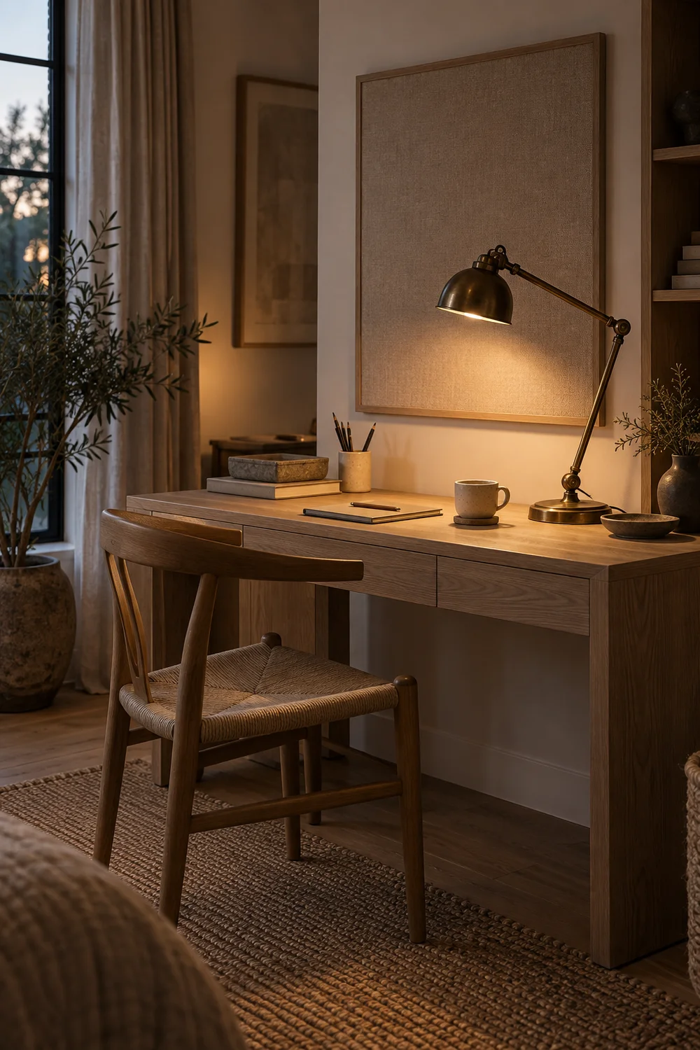 Adjustable bronze task lamp lighting a Japandi desk