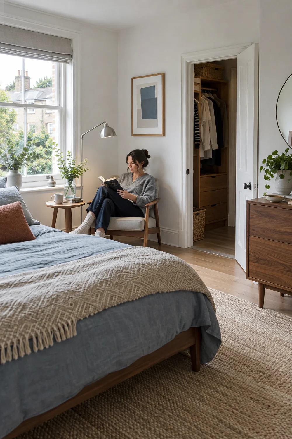 Adult reading in a compact chair beside an open bedroom wardrobe
