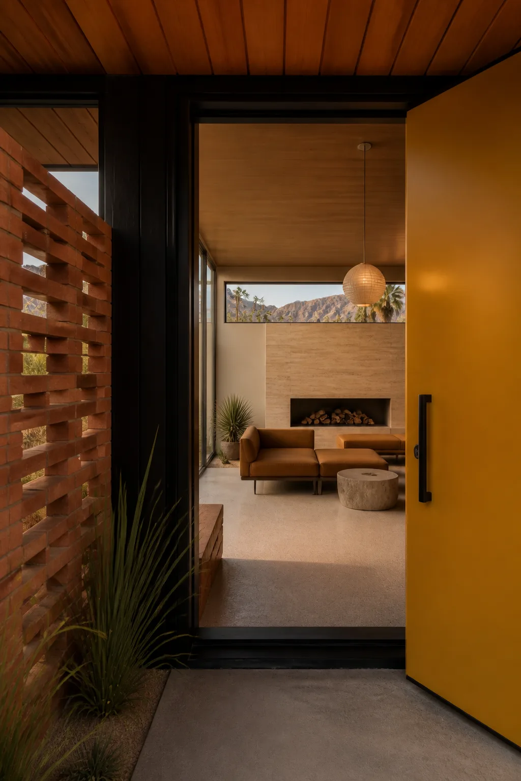 An open yellow front door frames a warm timber ceiling, brick screen and living room at the Palm Springs house.