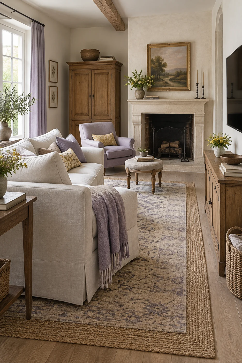 Angled sofa and lavender chair between a fireplace and television
