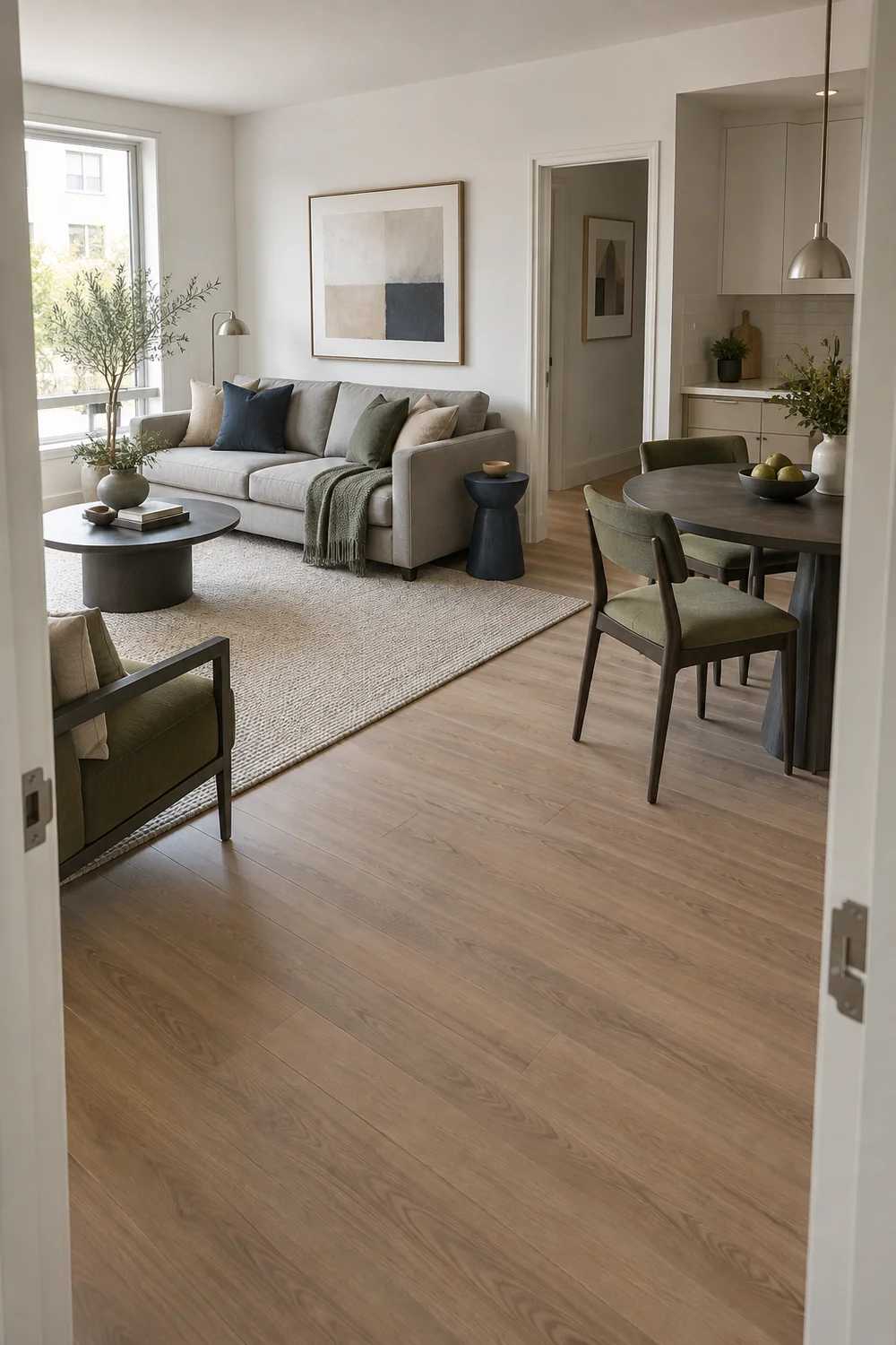 Apartment living room seen from the doorway with sofa dining table and open floor route