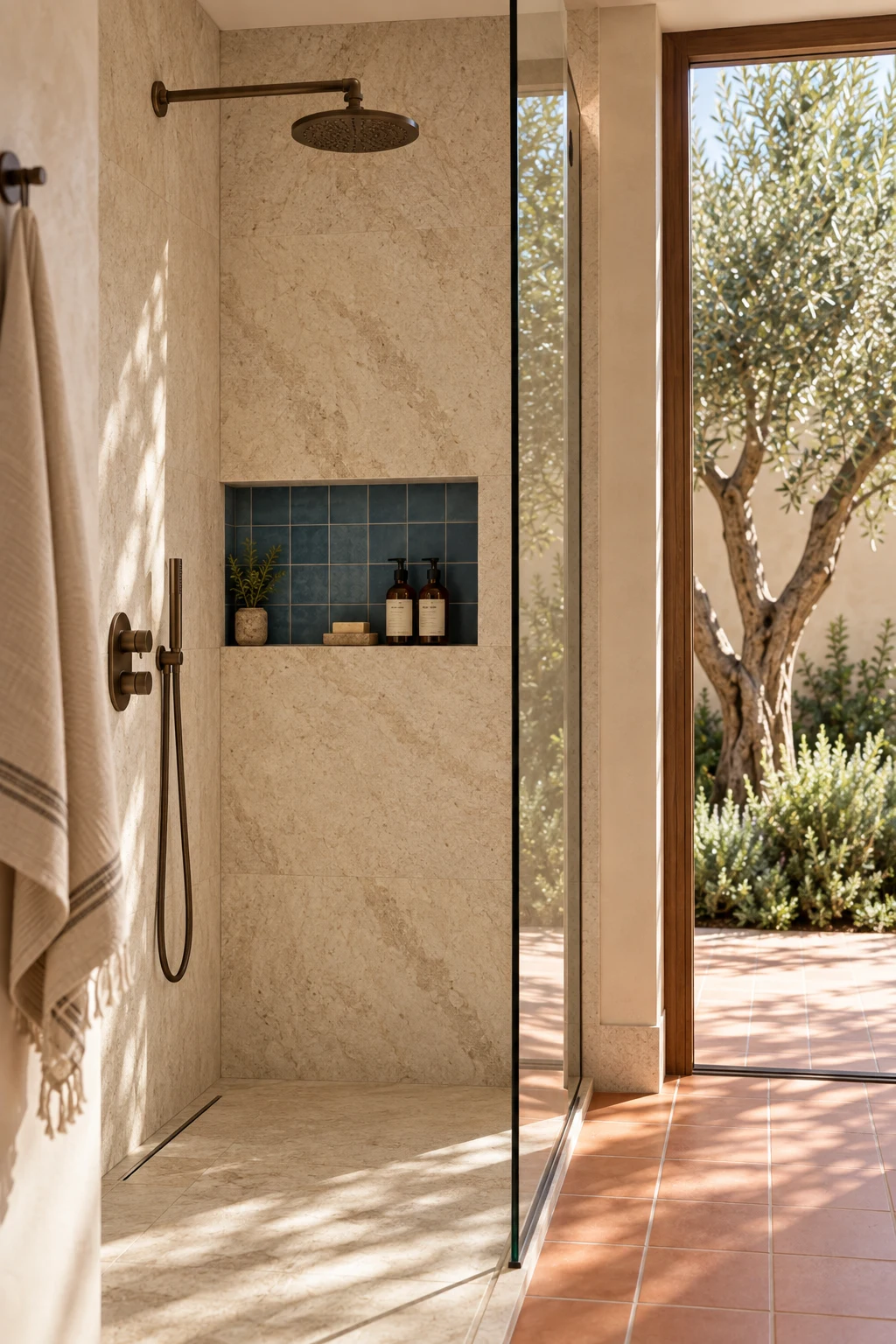 Bathroom niche with blue tile, pale stone and sunlight filtered through olive leaves