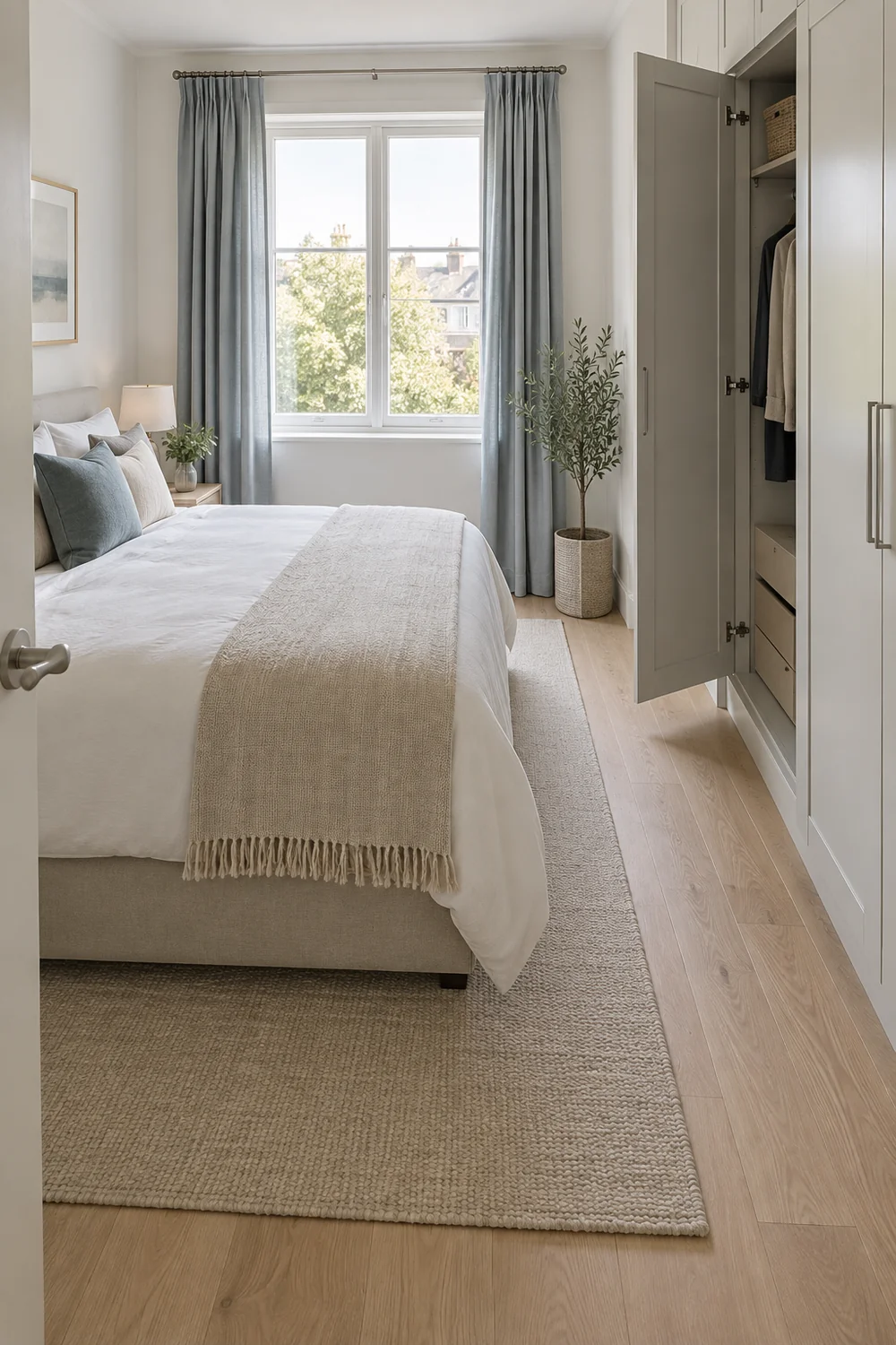 Bed beside an open wardrobe in a compact modern bedroom