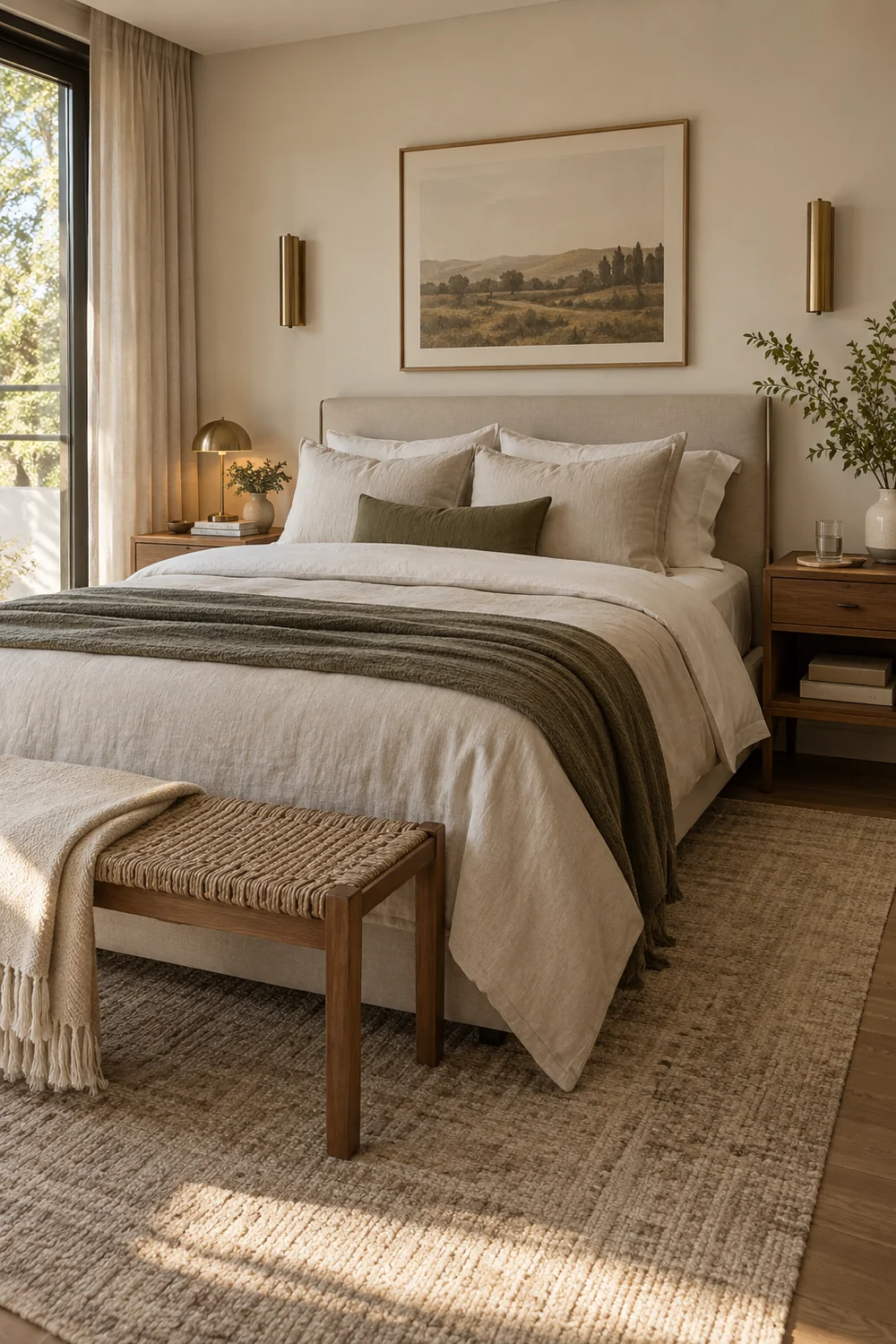 Bed with separate wall lights and bedside tables on each side