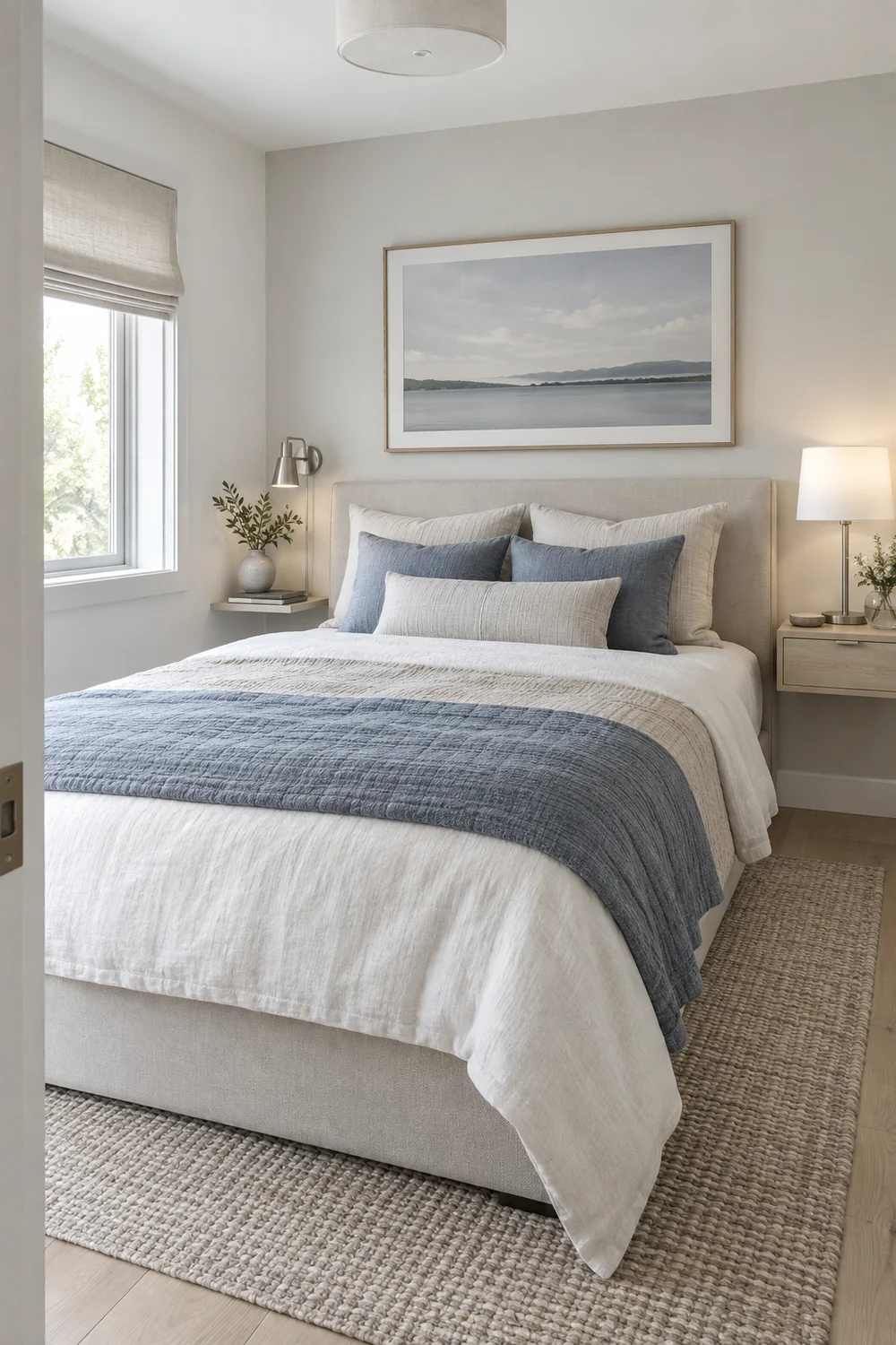 Bed with two bedside lights and different surfaces on either side