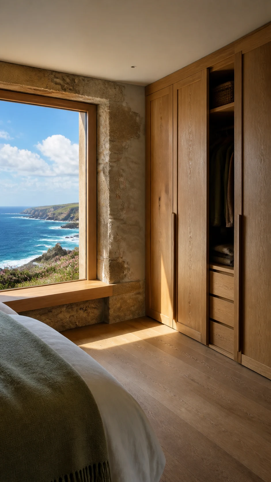 Bedroom window seat facing cobalt sea