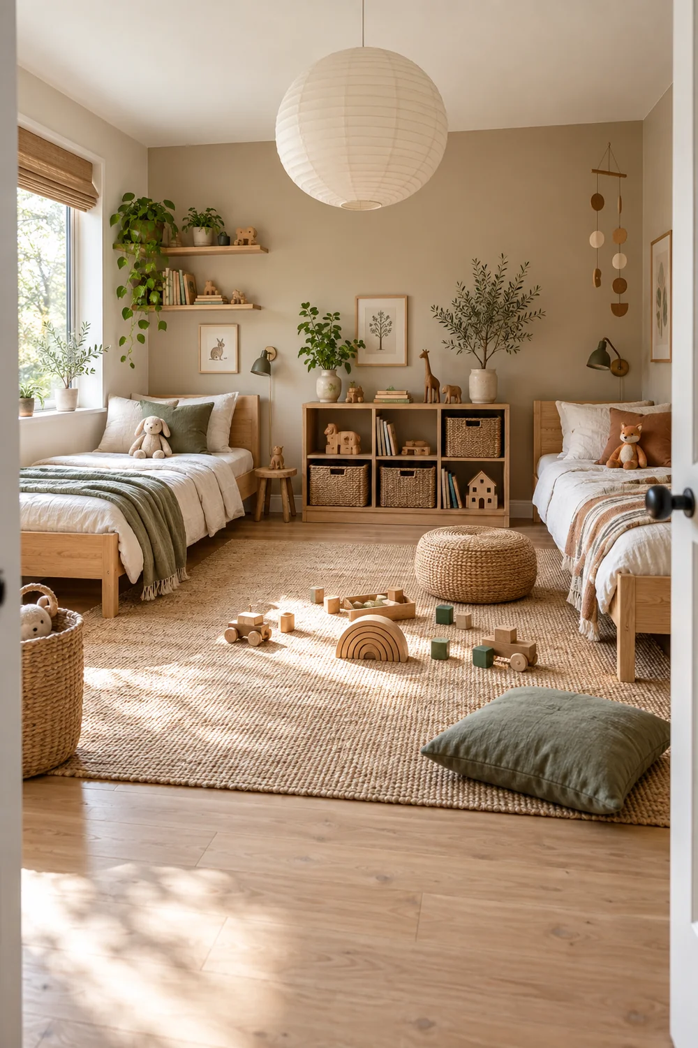 Beds on opposite walls preserve a shared play area