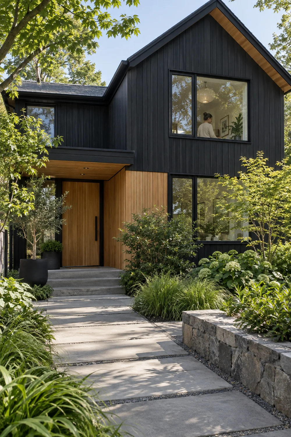 Black and cedar house framed by green planting with a resident visible through a window