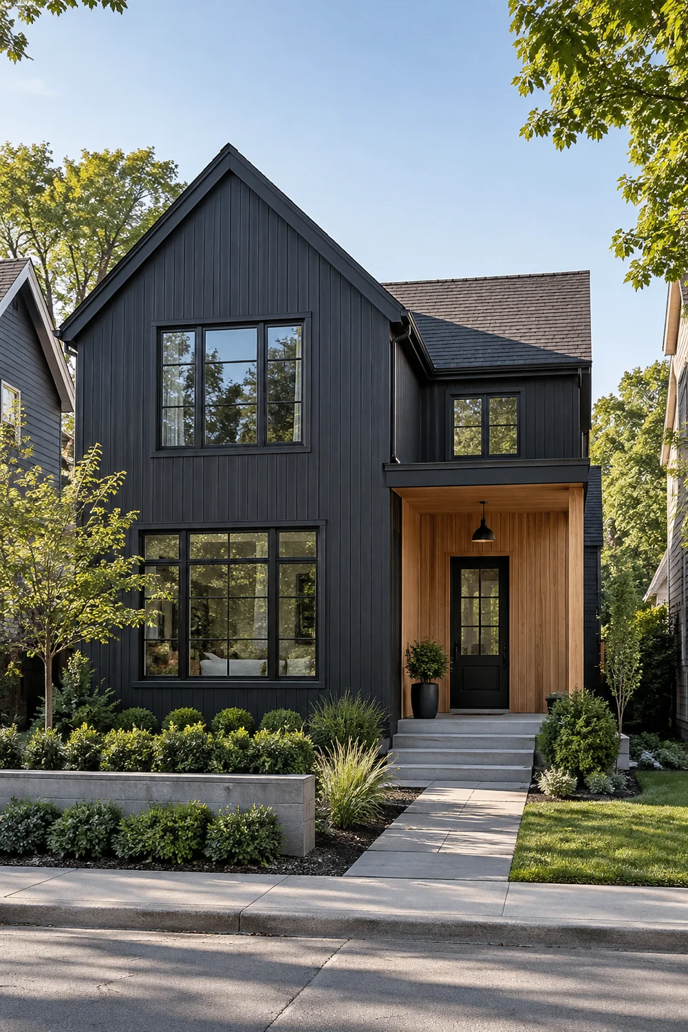 Black house facade with a smaller cedar porch and clear front path