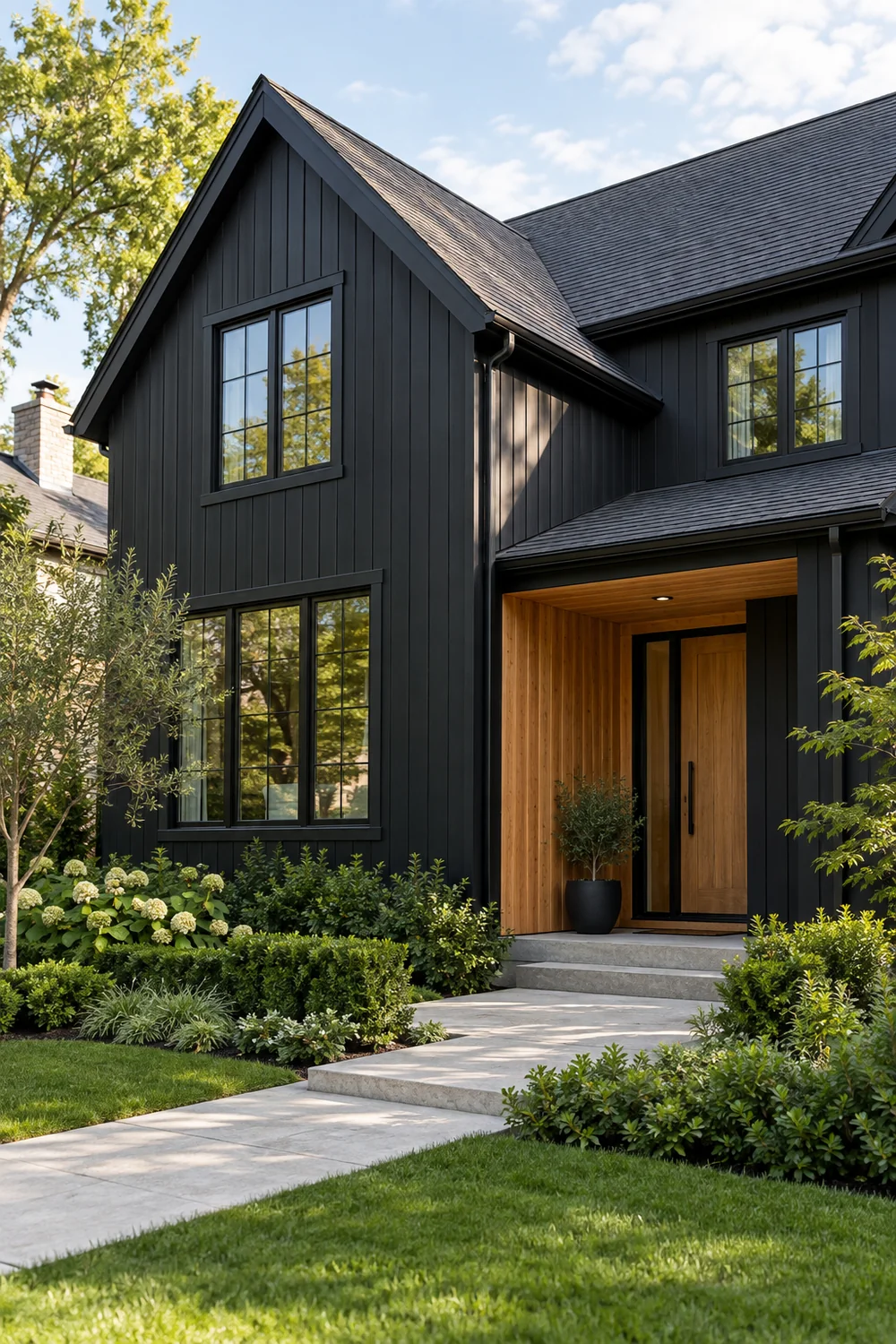 Black house with a cedar entrance, retained charcoal roof and dark windows