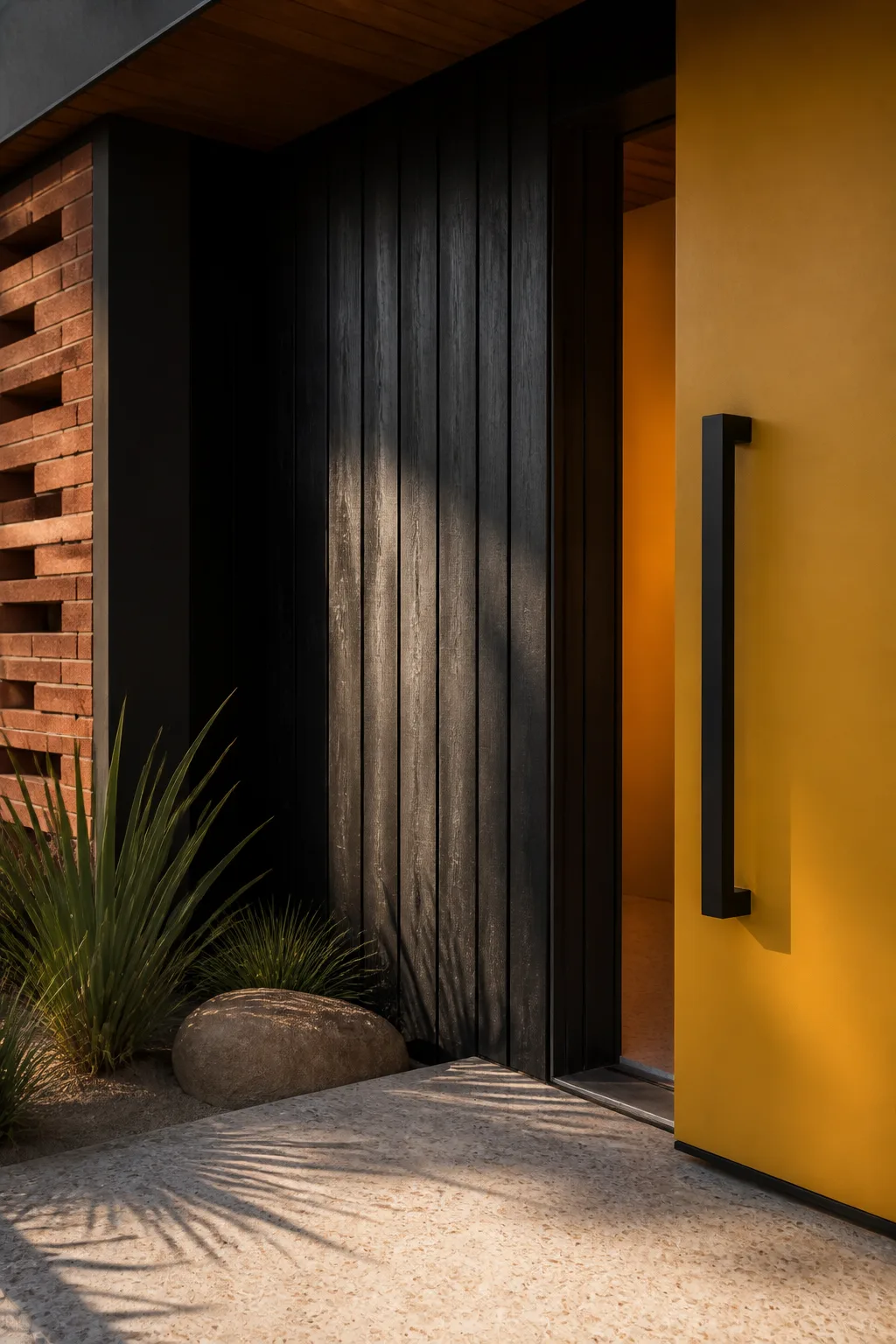 Black timber cladding, a brick screen, a yellow door and terrazzo form a close threshold study.
