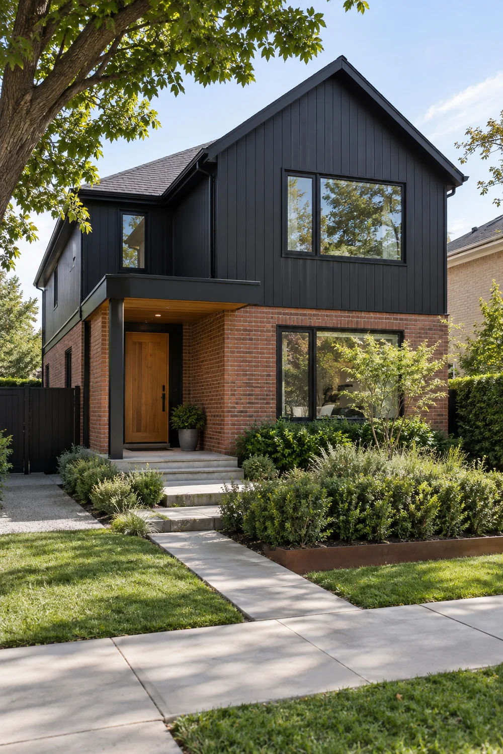 Black upper facade above retained brick with a timber front door