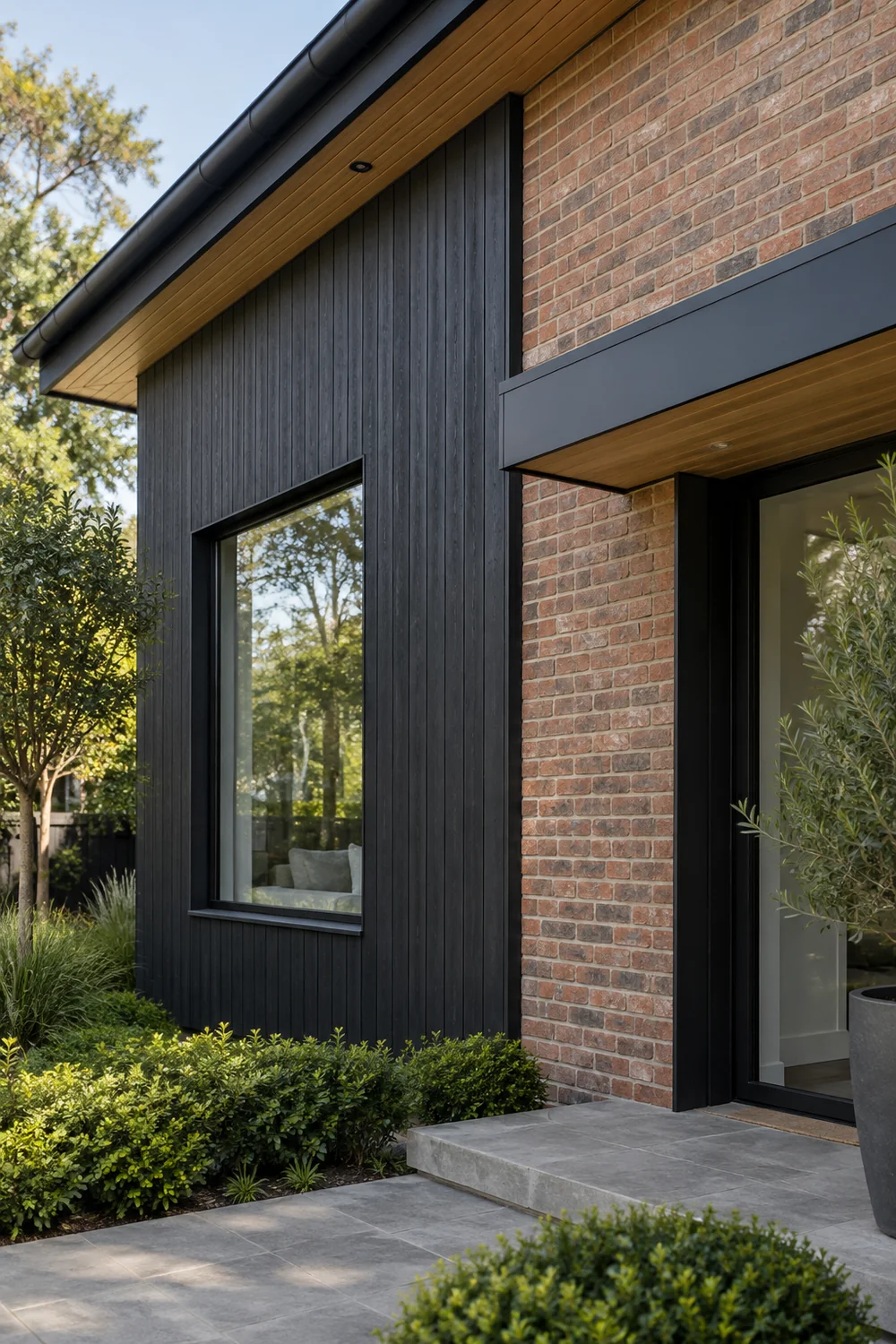 Black vertical cladding meeting retained brick beside a dark framed window