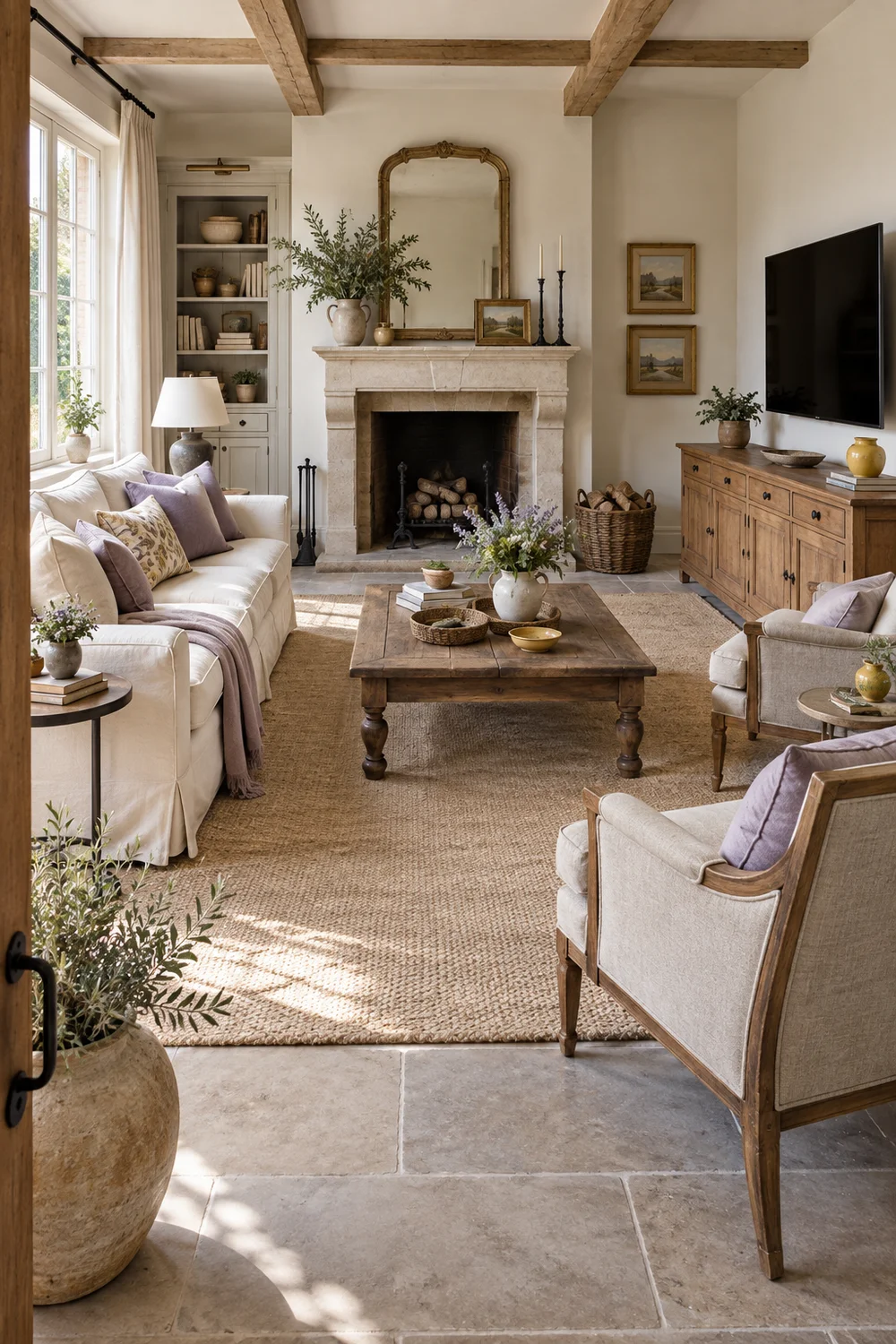 Bright French country family room with angled chairs a side wall television and stone fireplace