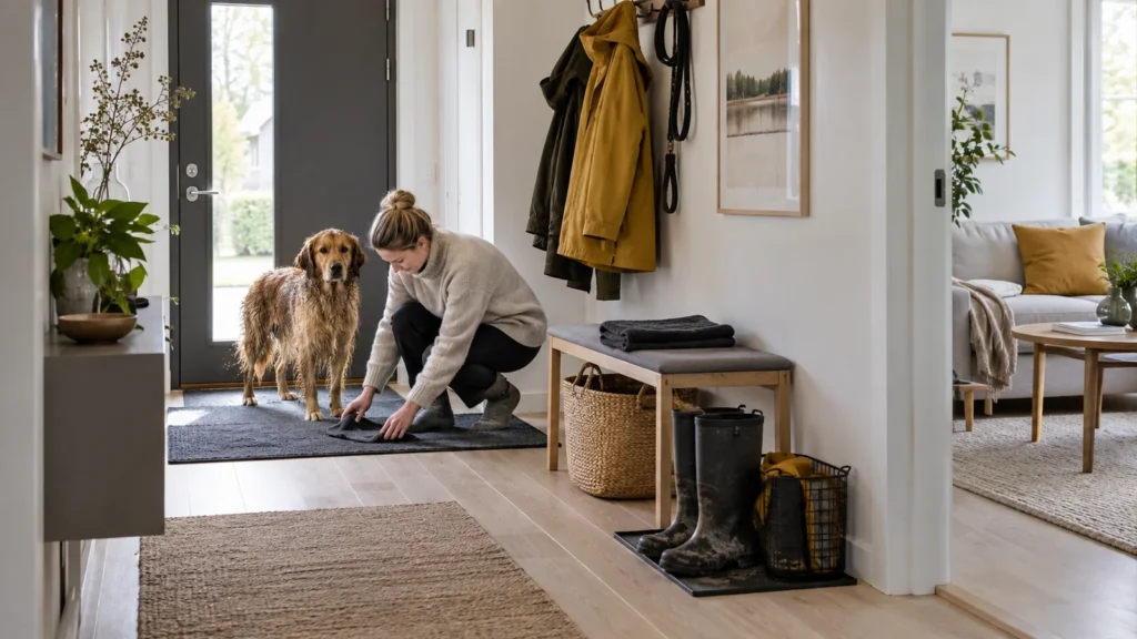 Bright Scandinavian hallway after wet walk with dog owner resetting towel mat and gear