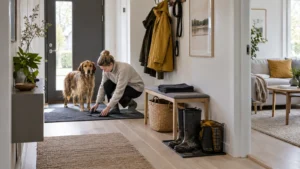 Bright Scandinavian hallway after wet walk with dog owner resetting towel mat and gear