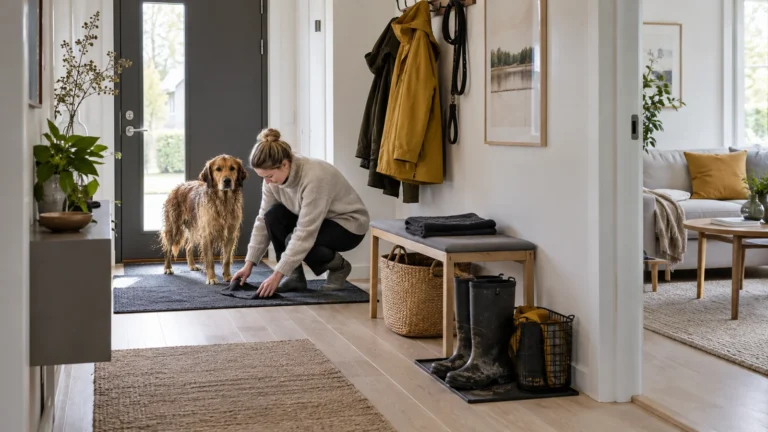 Bright Scandinavian hallway after wet walk with dog owner resetting towel mat and gear