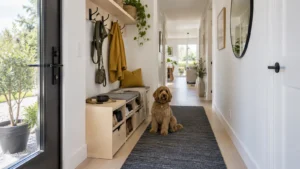 Bright Scandinavian narrow hallway with measured birch shoe storage and dog gear station