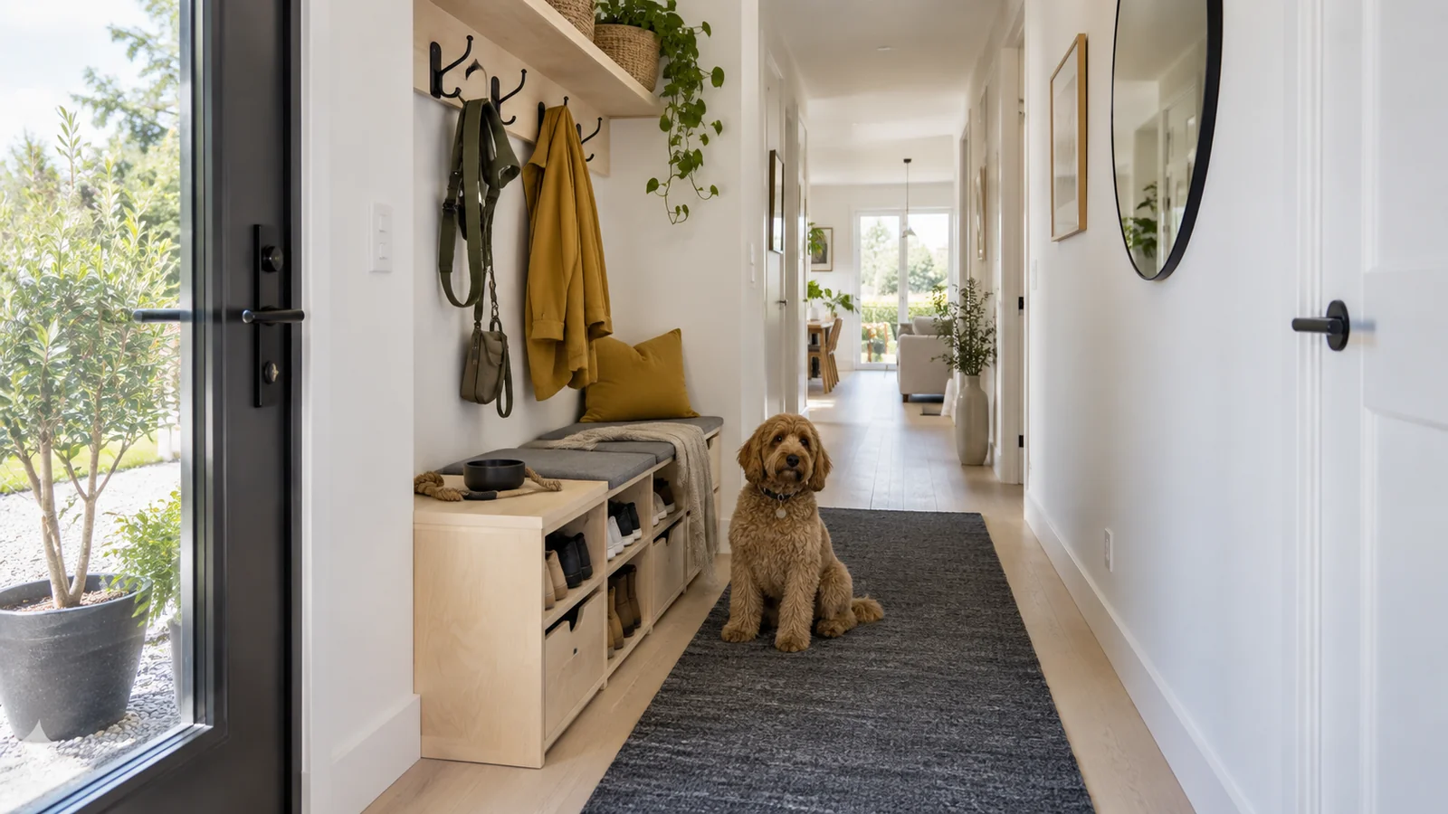 Bright Scandinavian narrow hallway with measured birch shoe storage and dog gear station