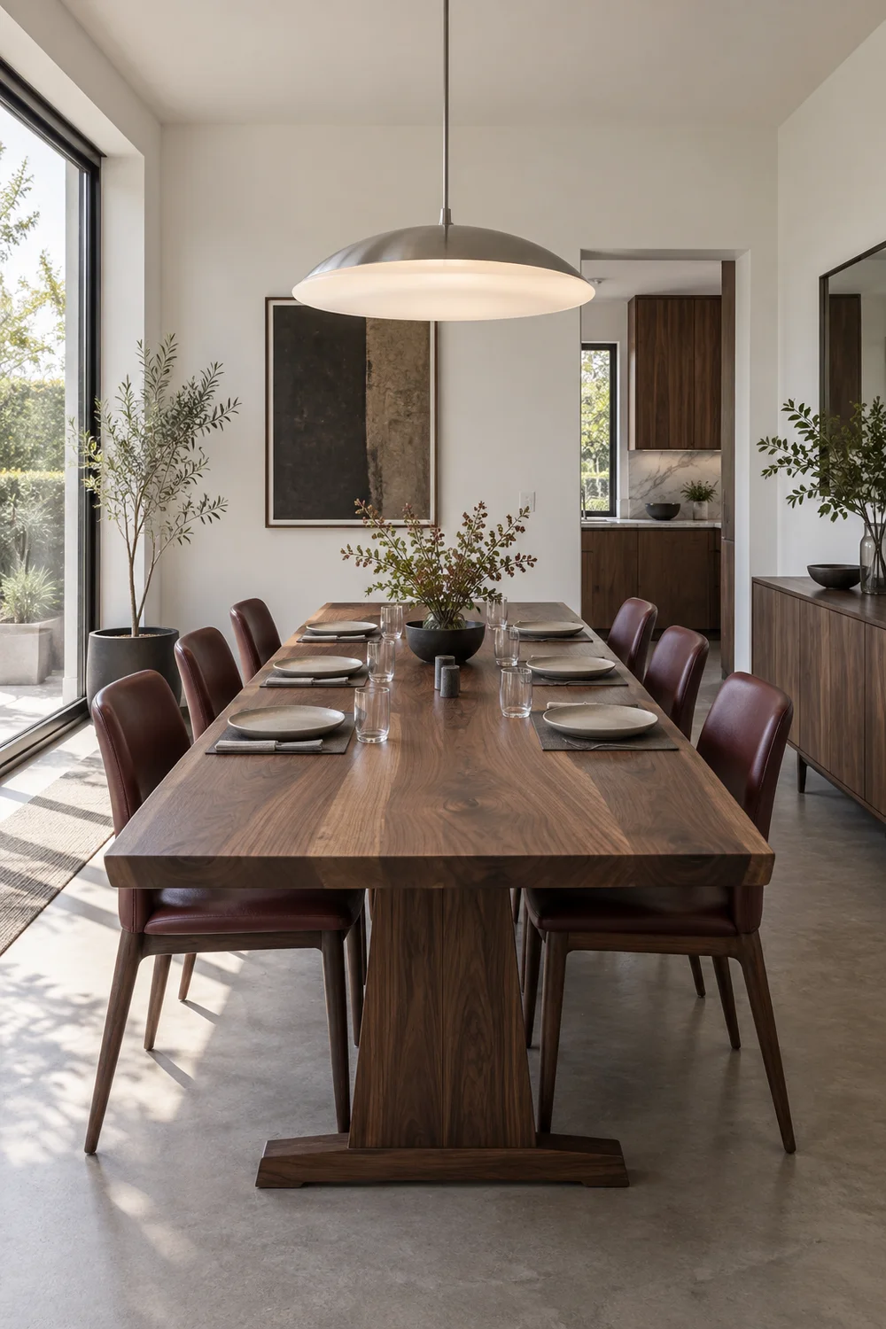 Broad pendant above six place settings on a walnut dining table in daylight