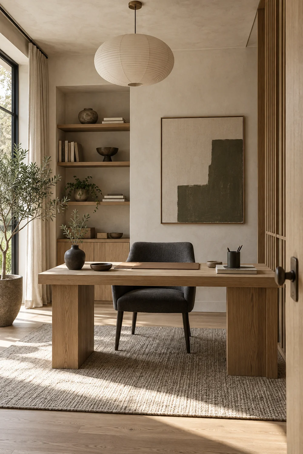 Calm Japandi home office with natural materials and restrained styling