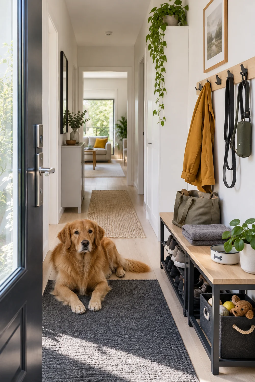 Calm dog entryway after weekly reset with practical gear in assigned positions