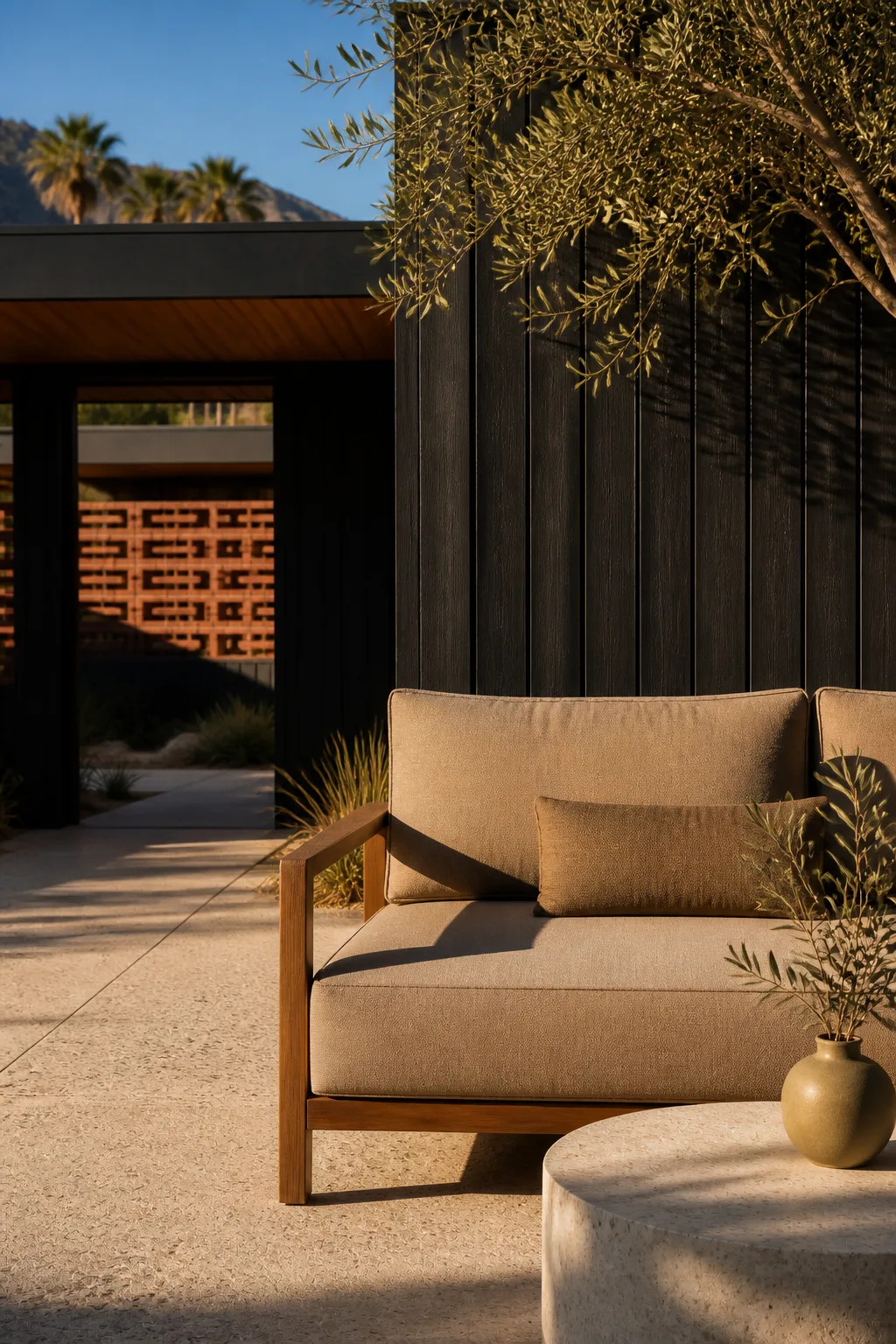 Camel outdoor seating, walnut frame, terrazzo and olive shadow on the Palm Springs terrace.