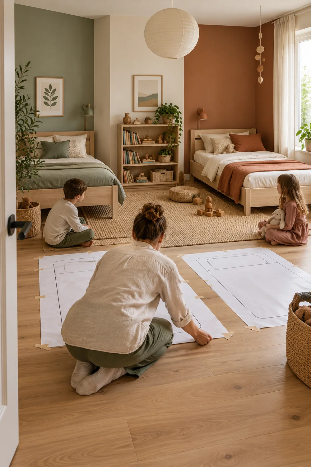 Caregiver and two children test a shared Japandi bedroom floor plan