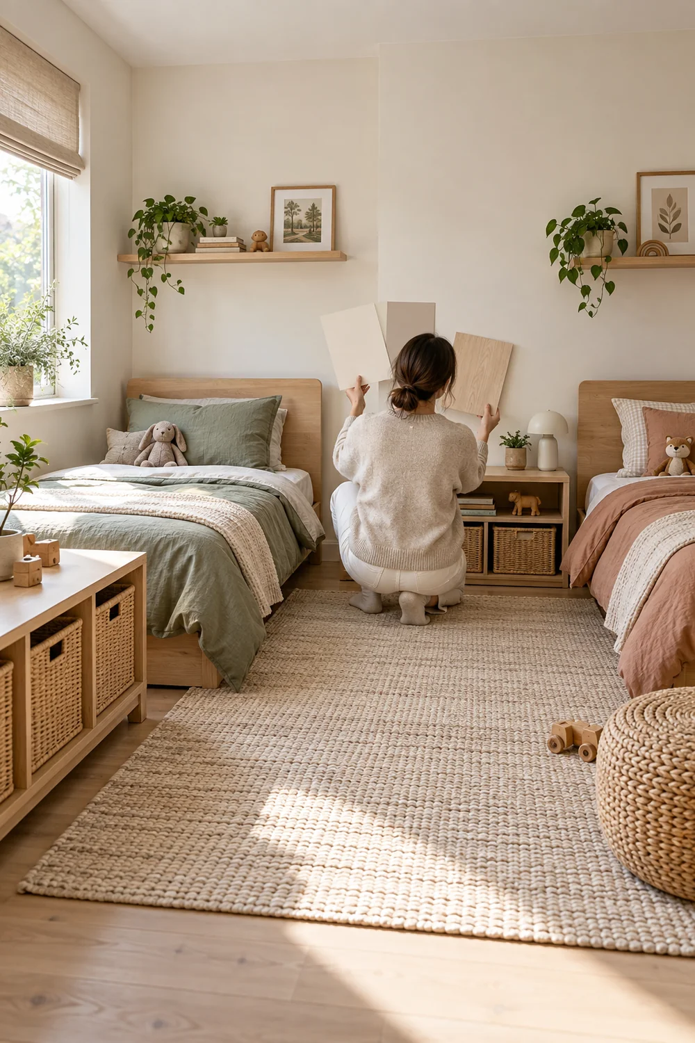 Caregiver compares paint cards beside two children beds