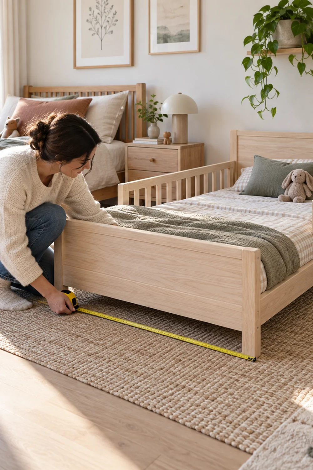 Caregiver measures a pale ash bed frame in a shared bedroom