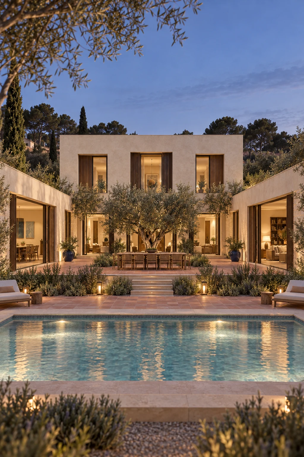 Casa del Pati glowing at dusk across the pool with the courtyard open between its two low wings