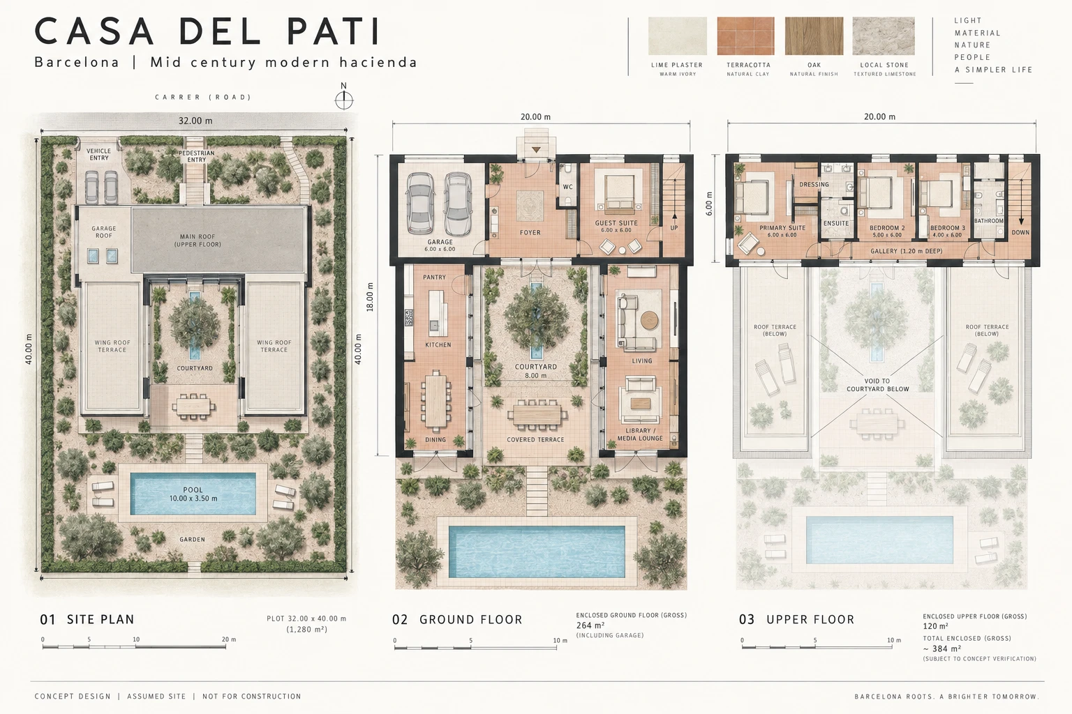 Casa del Pati site, ground floor and upper floor concept plan for the Barcelona courtyard house