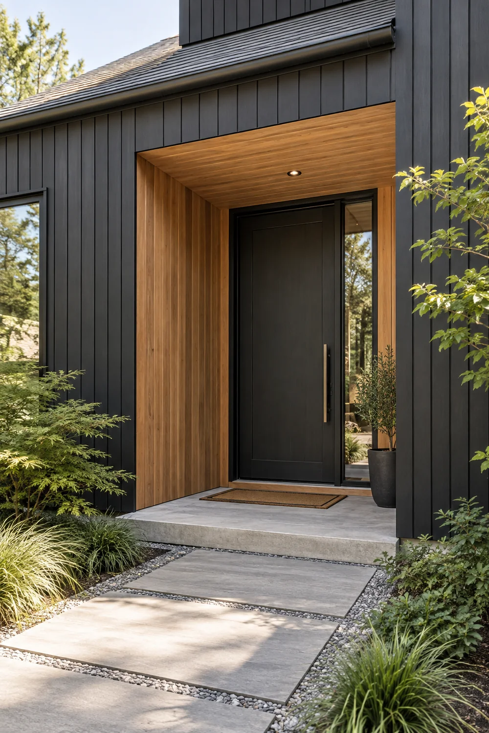 Cedar lined front entrance recessed into a black clad house