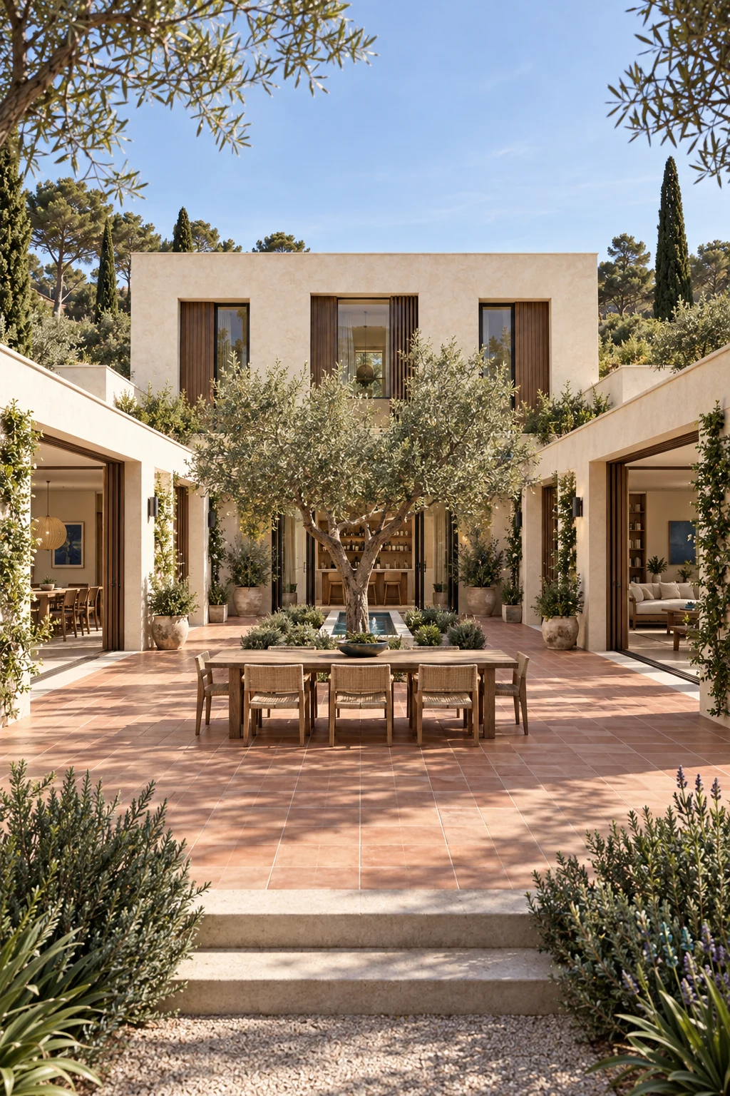 Central courtyard with a mature olive tree framed by two low wings and the upper bedroom floor