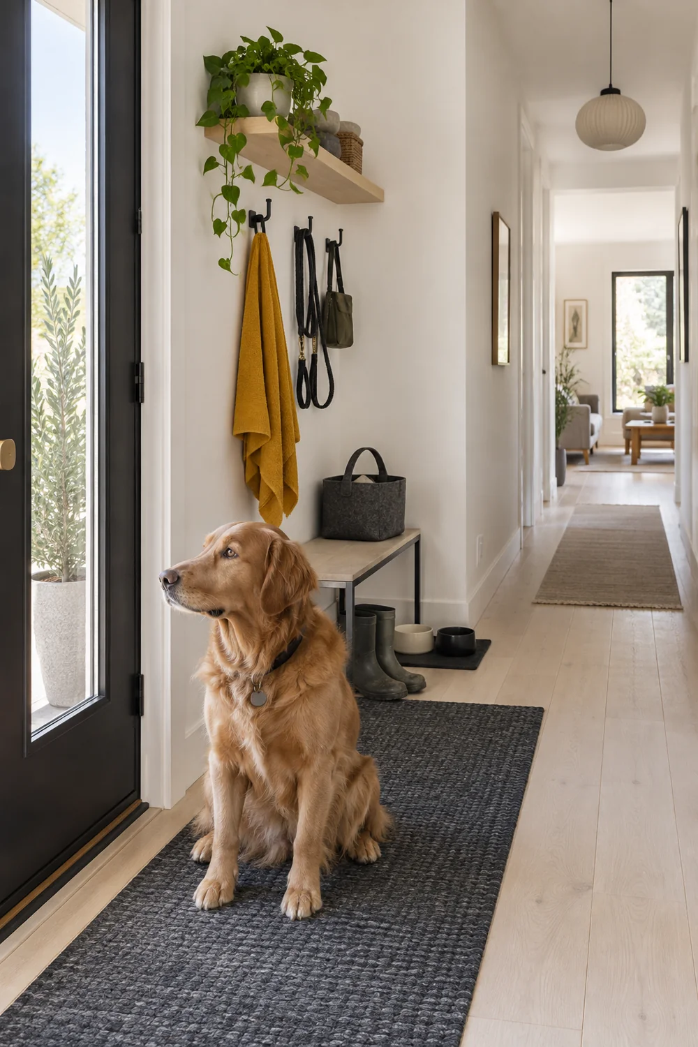 Chalk wall pale birch floor and muted saffron towel in a functional dog entryway