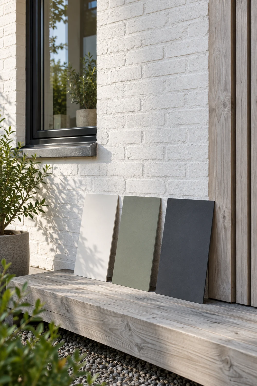 Chalk white pale ash charcoal and muted moss exterior colour samples
