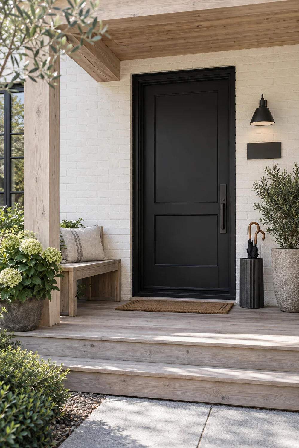 Charcoal front door with pale ash surround and weather ready threshold