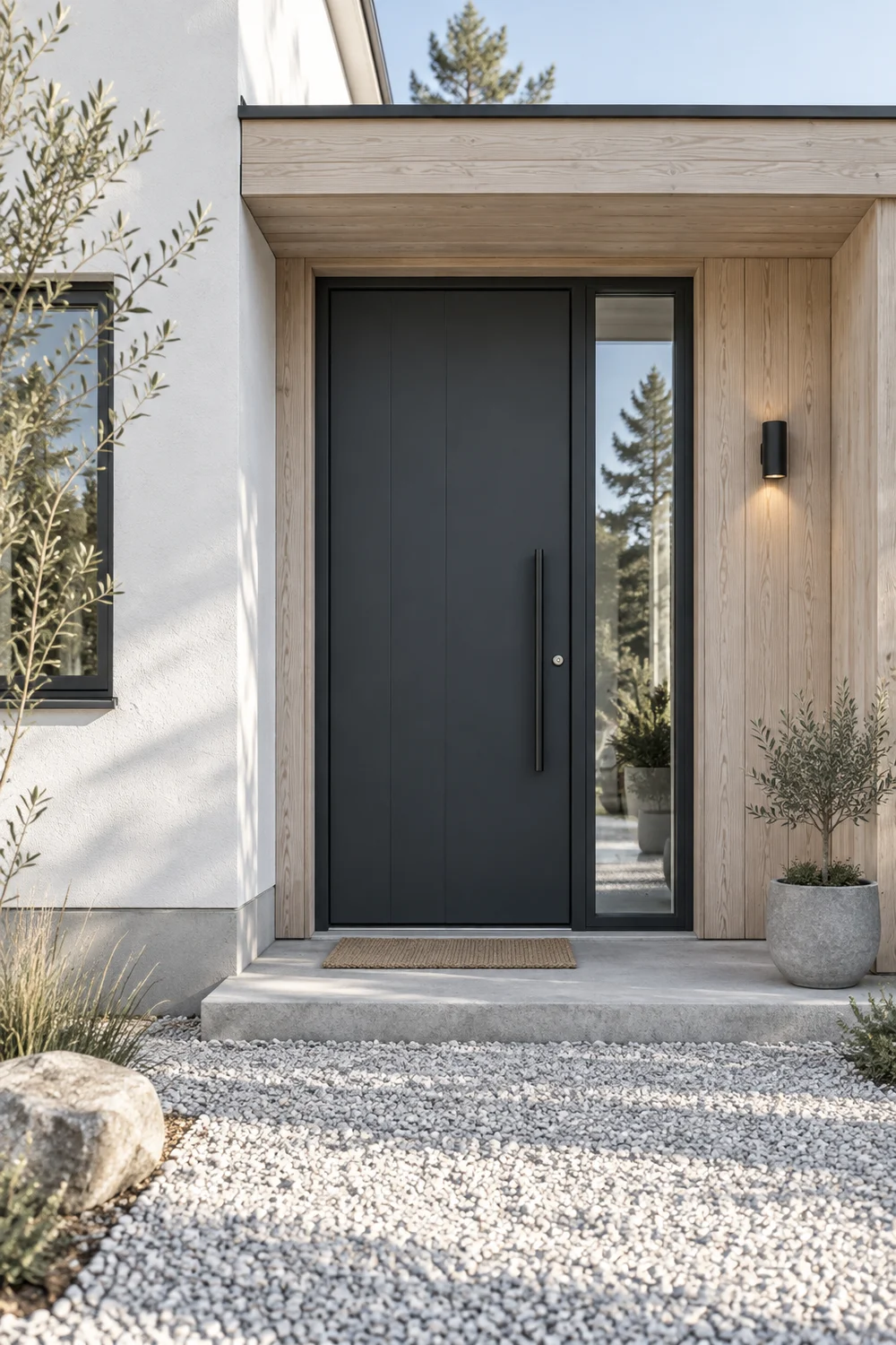 Charcoal front door with sidelight and pale ash timber surround