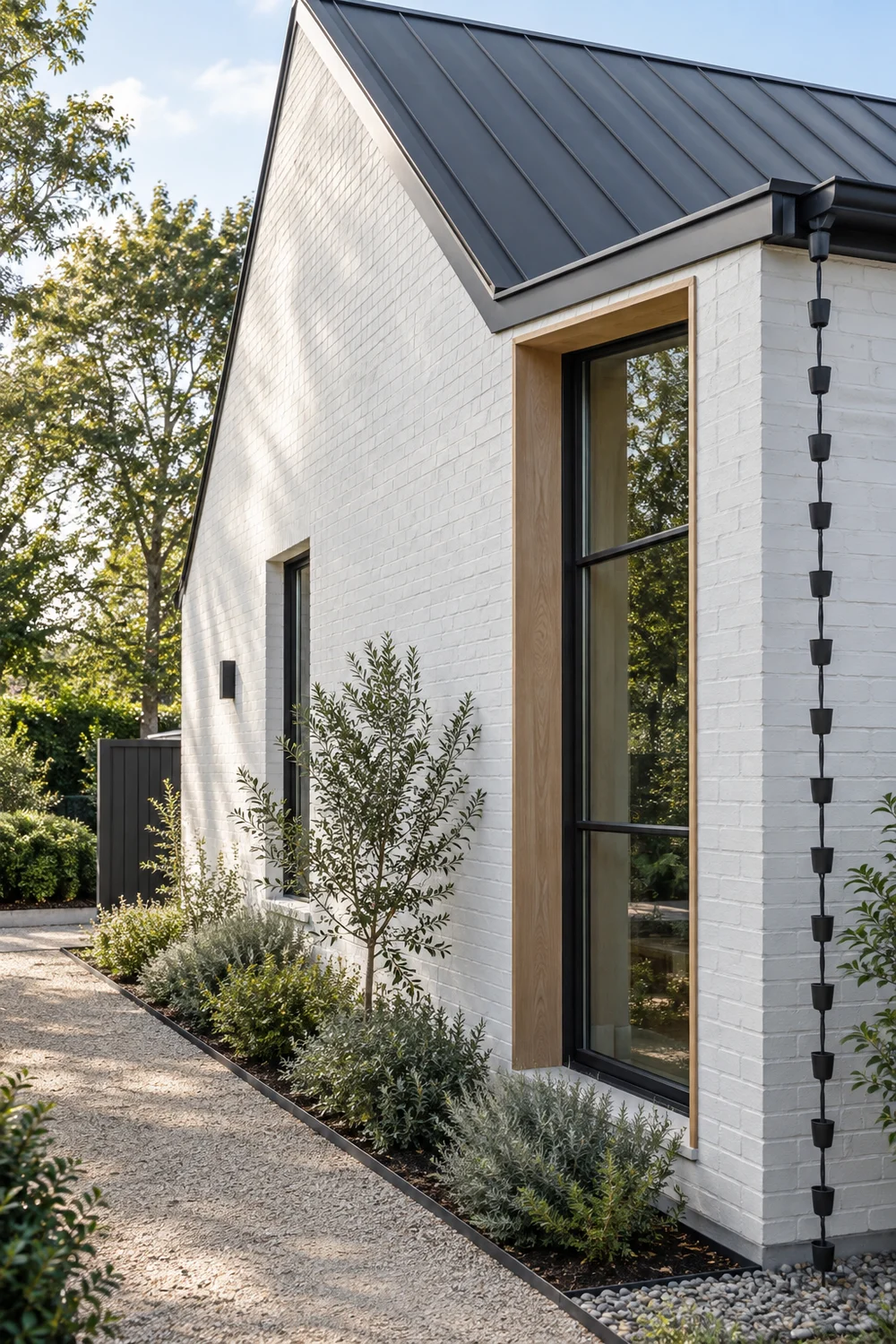 Charcoal roof window and rainwater detail on a white Scandinavian house