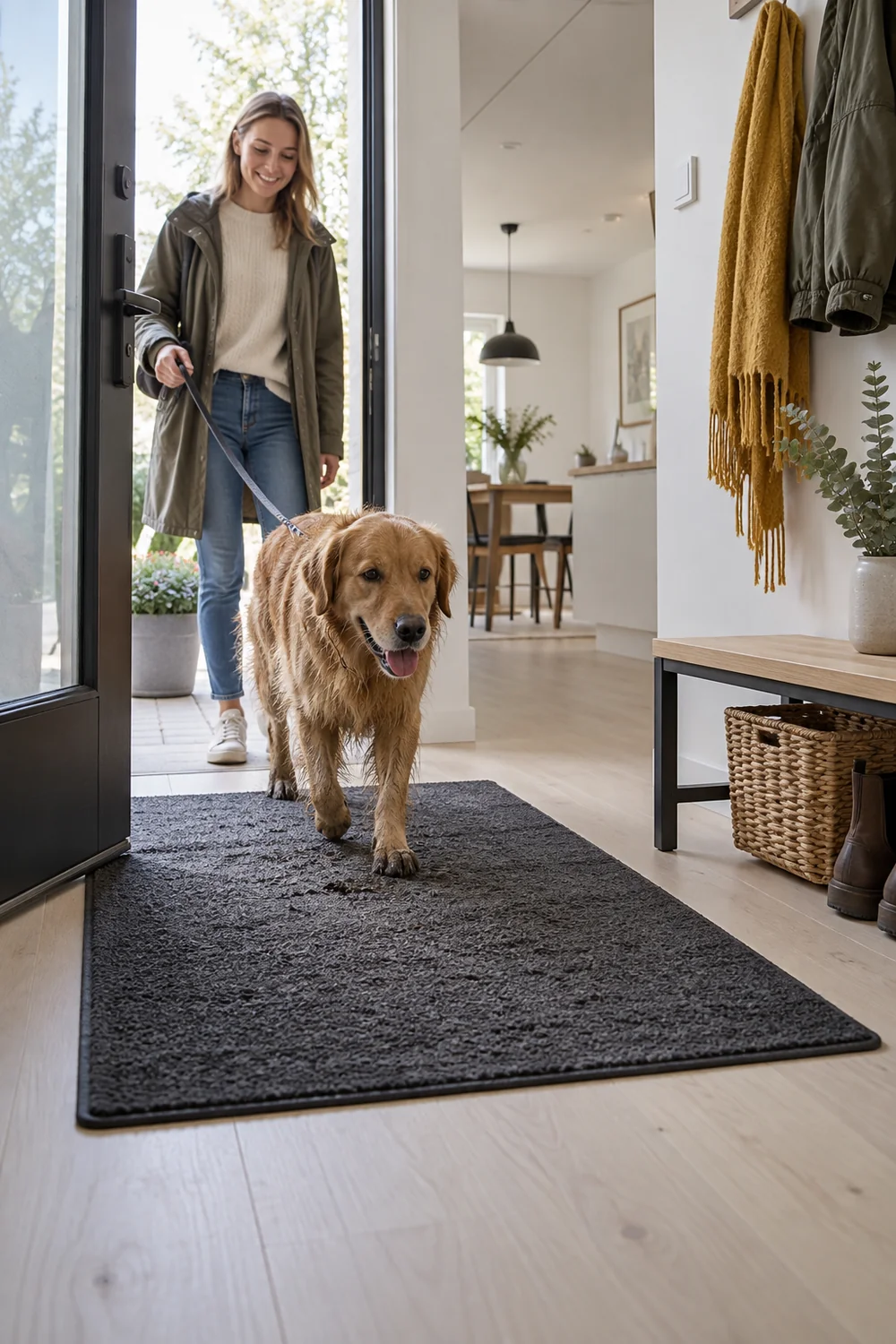 Charcoal washable mat lying flat under an open front door with birch floor visible