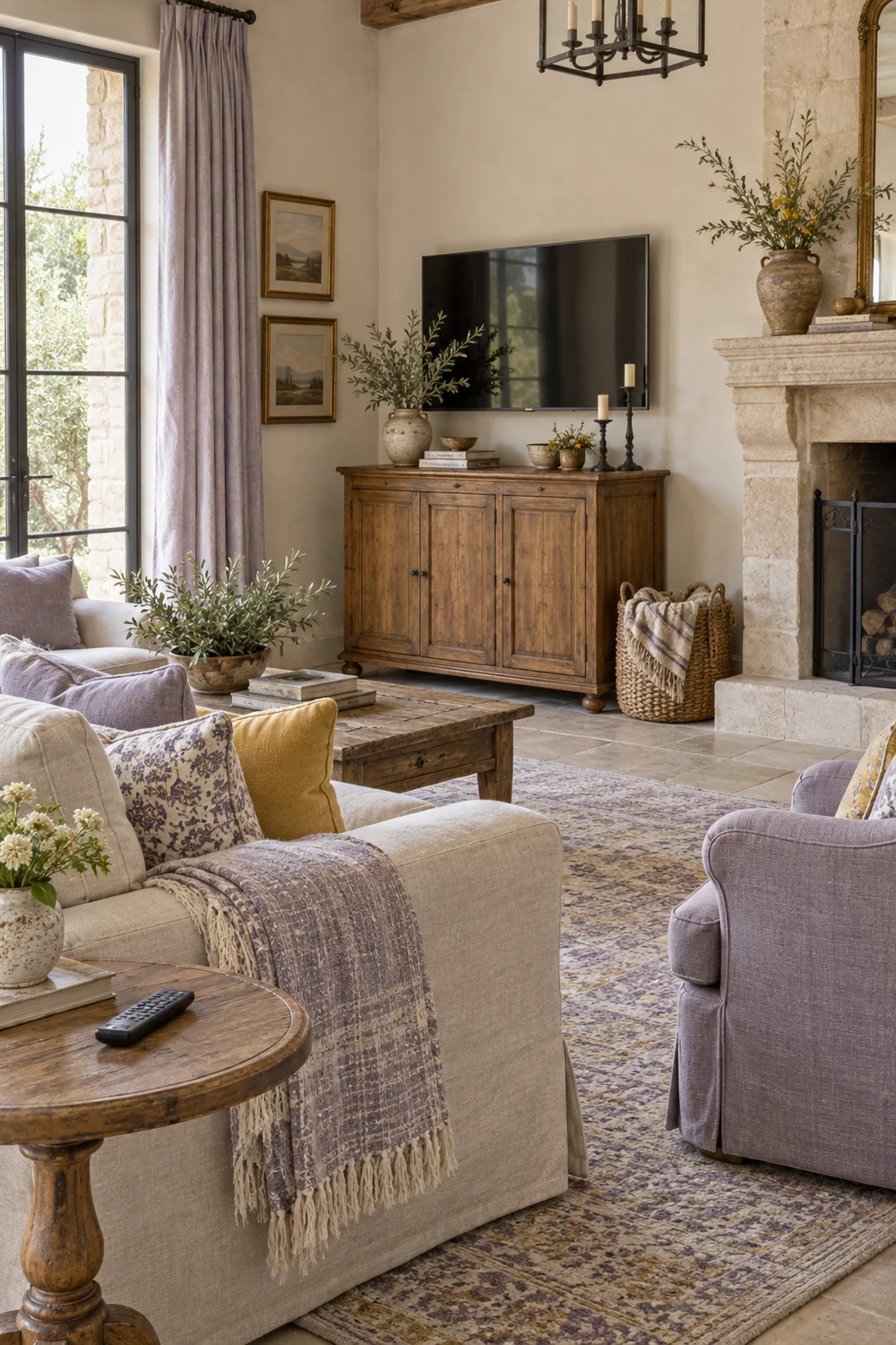 Chestnut cabinet and woven basket beside a French country family room sofa