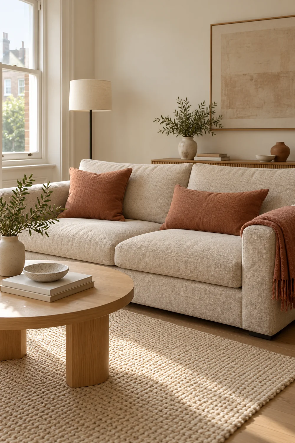 Clay cushions and throw on an oat rental sofa