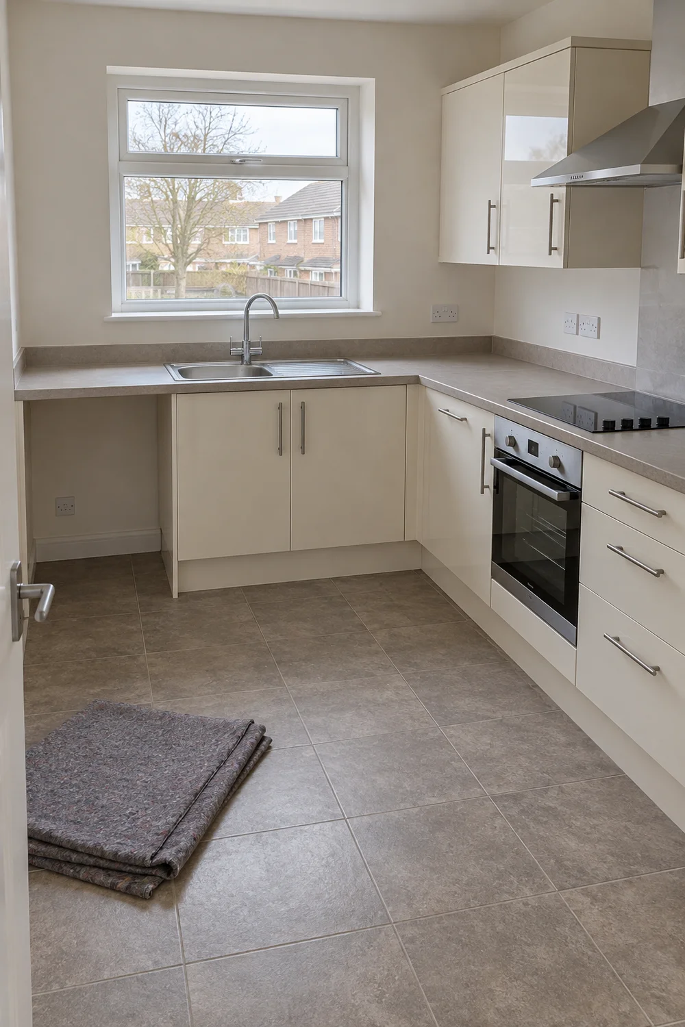 Clean fixed cream rental kitchen after portable country details are removed