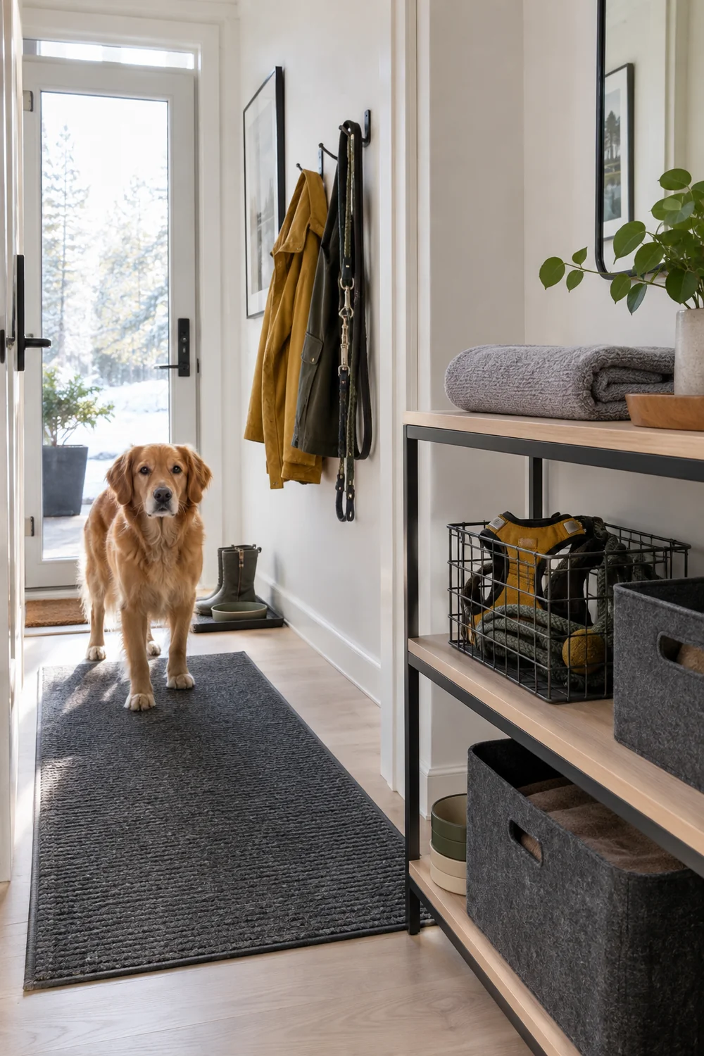 Clean towel ready on a shelf with spare dog gear stored separately