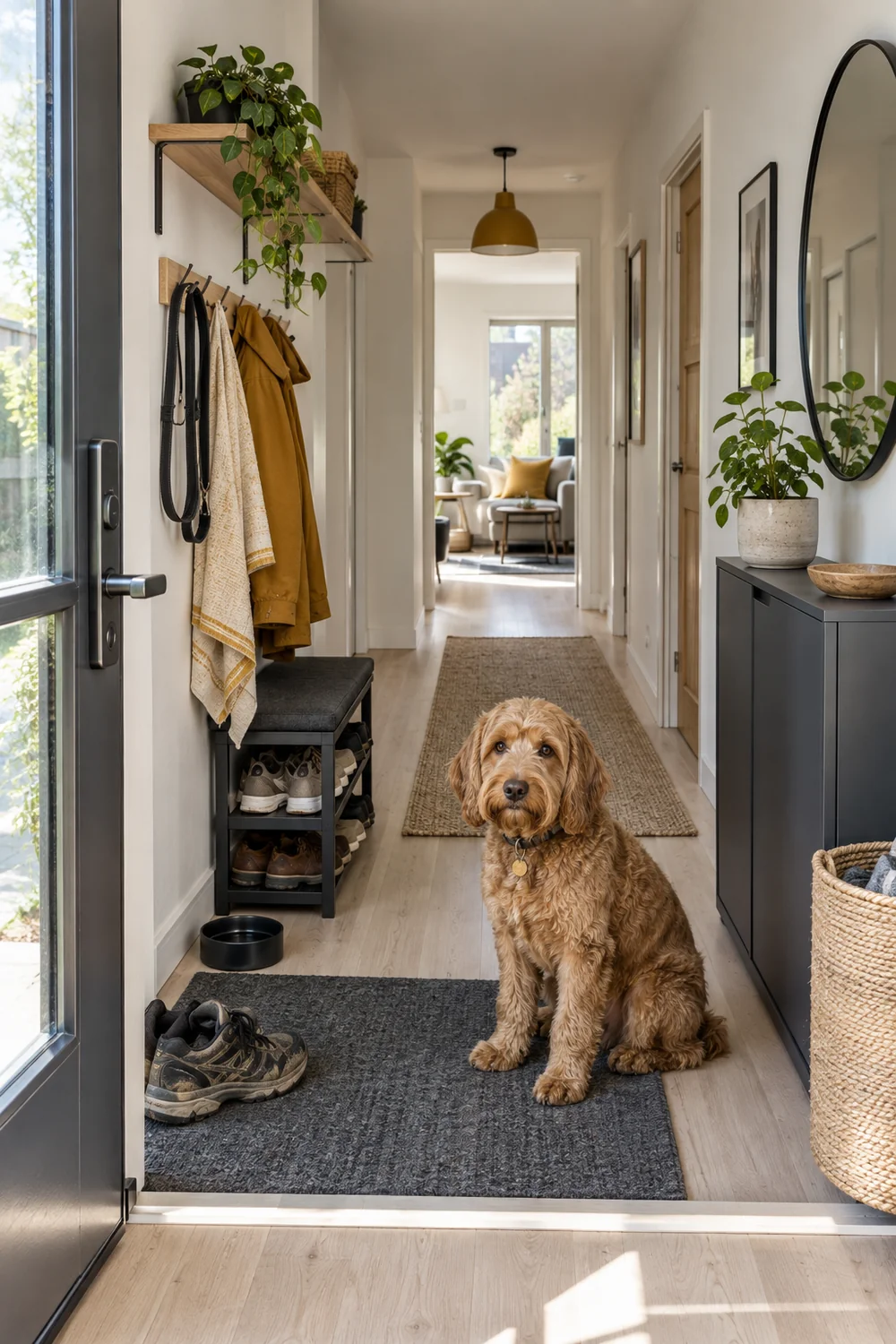 Clear hall after a dog walk with lead towel and shoes in assigned places