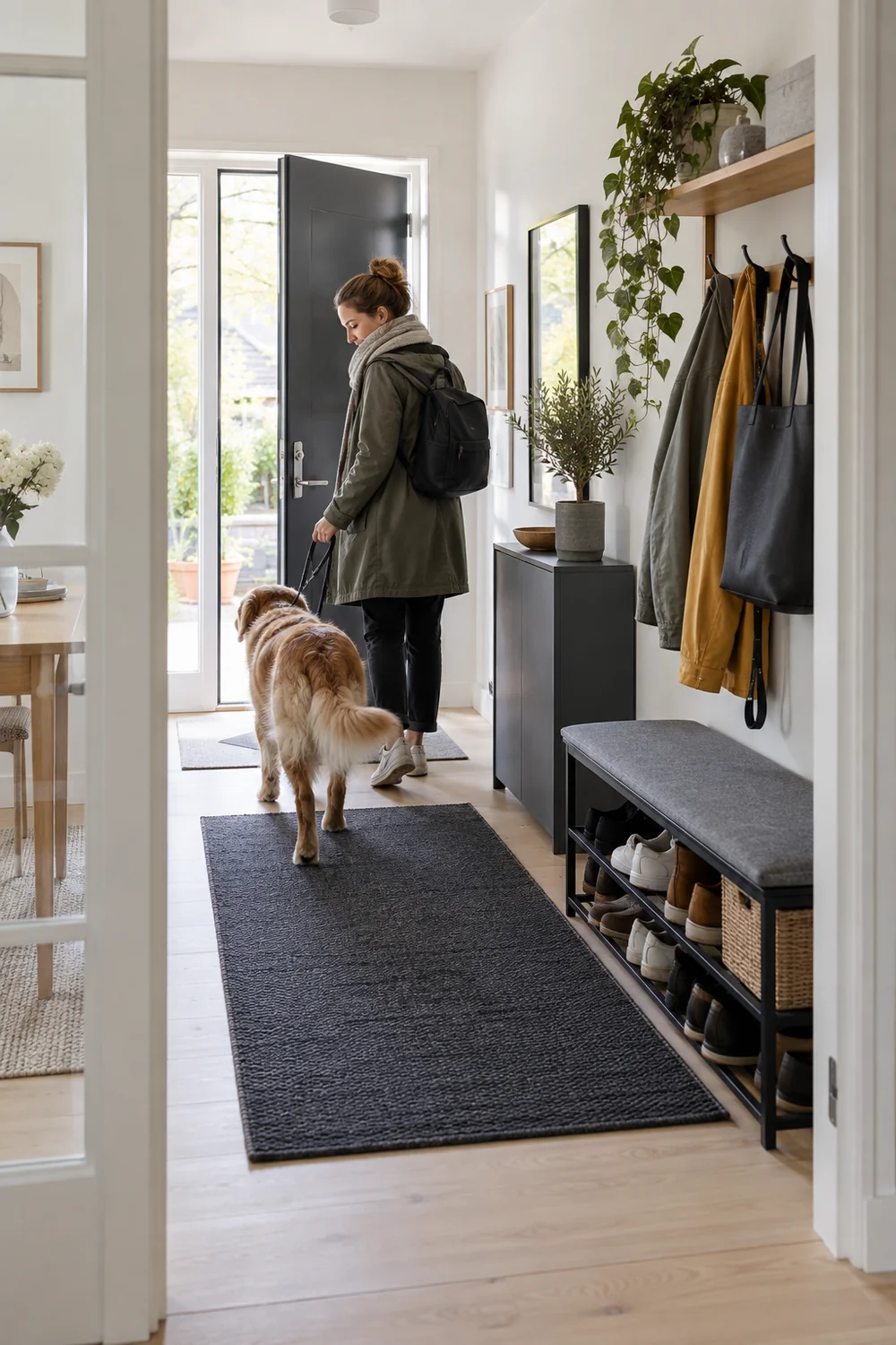 Clear renewed Scandinavian hallway with dog and owner using the entrance